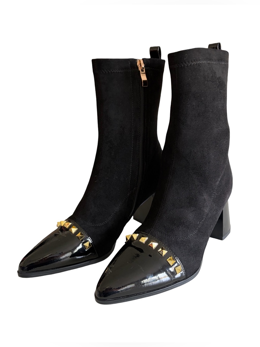 Azura Belindacee Black Suede Studded Patent Toe Ankle Boots Size 37